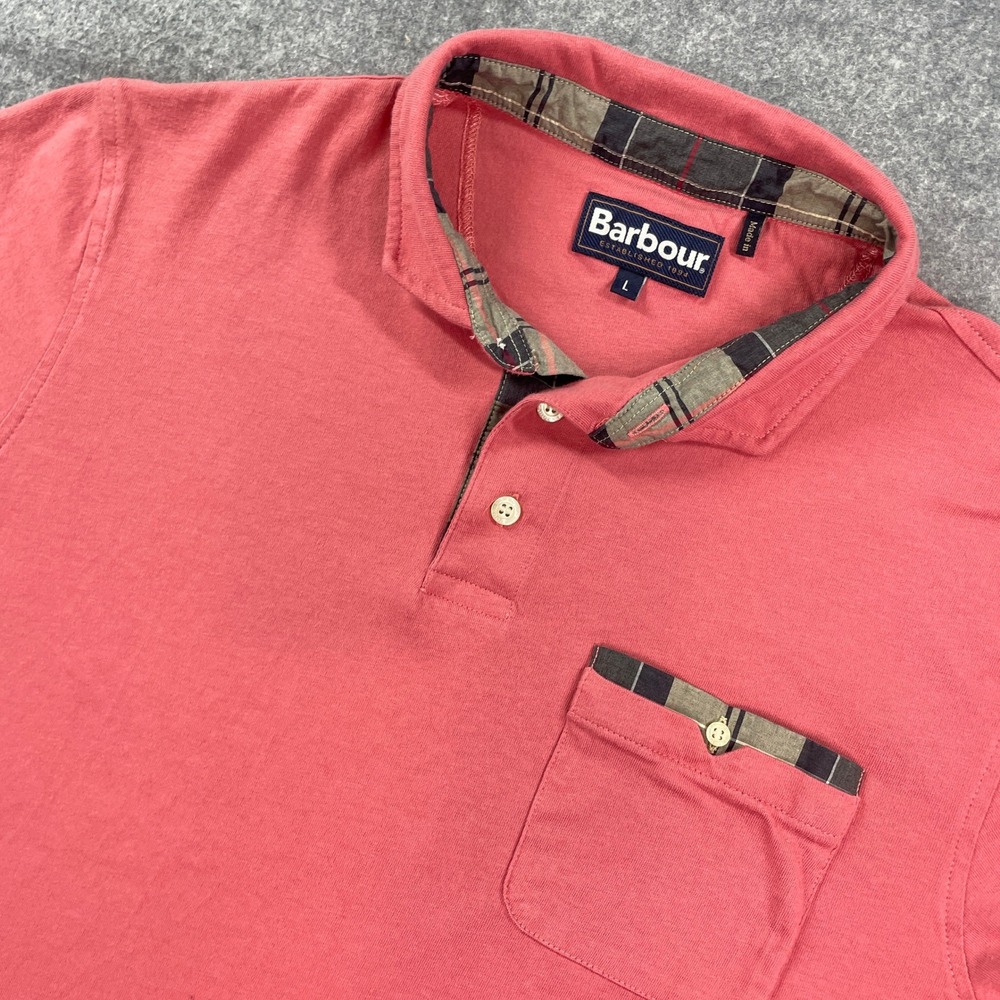 Barbour Mens Polo Shirt L Pink Short Sleeve Plaid Cotton Casual